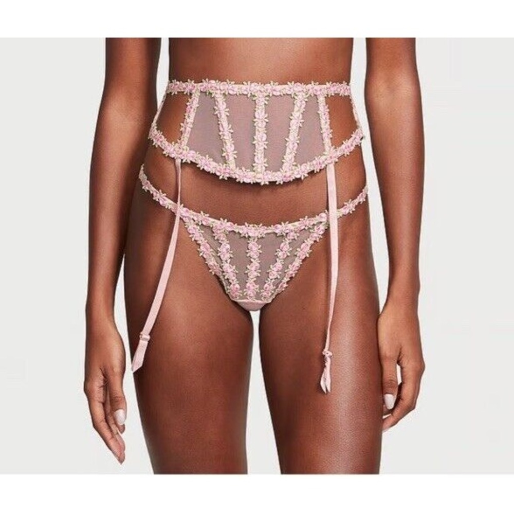 Victoria's Secret Dream Angels Garter & Thong Set Sz S Rosebud Embroidery Pink